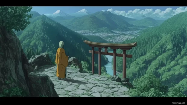 An anime character standing at a peaceful Japanese shrine with a river flowing nearby and a view of the mountains, anime style.