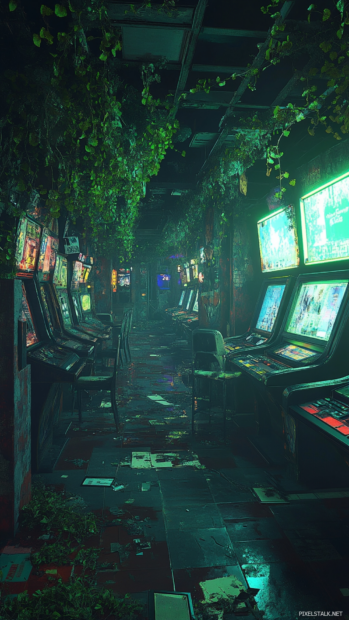An arcade overrun by virtual vines pulses with abandoned electricity.