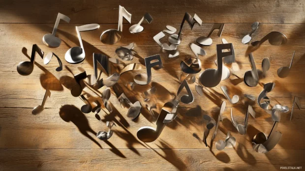 An artistic arrangement of metallic music notes suspended in mid air, casting shadows on a wooden background, illuminated by soft spotlighting.