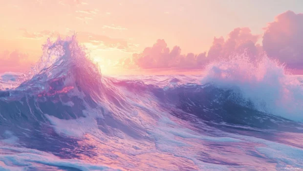 An artistic capture of ocean waves under a pastel sunset, perfect for those seeking summer computer wallpaper beauty.