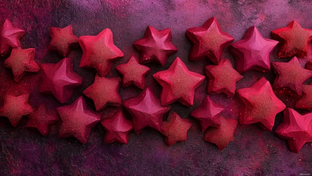 An artistic composition of intricate red stars with sparkling textures, arranged against a deep purple background, evoking a sense of mystery and allure.