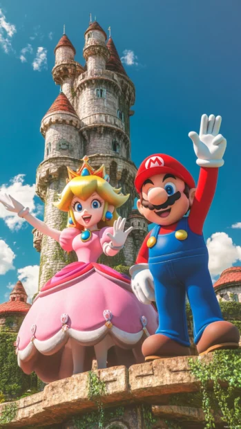 An artistic render of Princess Peach and Mario waving from Peachs Castle, ideal for Super Mario iPhone Wallpapers.