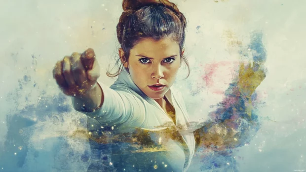 An artistic rendering of Princess Leia in a heroic pose, with soft pastels and cosmic elements as a tribute to classic Star Wars art.