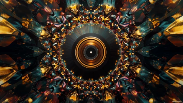 An artistic representation of a vinyl record spinning on a turntable, surrounded by a kaleidoscope of colors and geometric shapes that capture the energy of music.