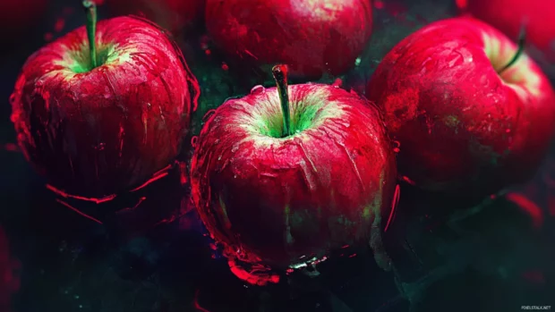 An artistic take on rotten apples with neon highlights.