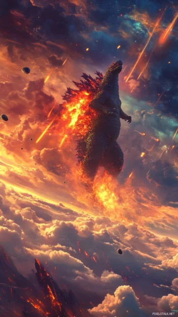 An asteroid field burns above Godzilla as clouds swirl.