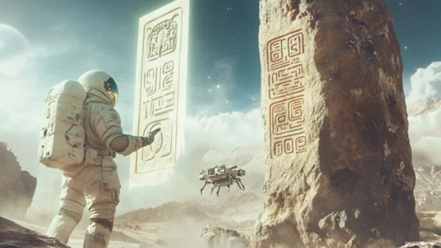 An astronaut and robotic drone scanning alien hieroglyphs on a floating space monolith.