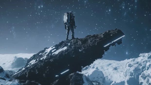 An astronaut balances on a floating piece of debris in a calm starfield.