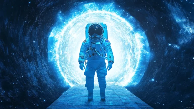 An astronaut bathed in pale blue light approaches an alien gateway.
