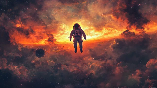 An astronaut floating above Mars with a blazing sunset behind.