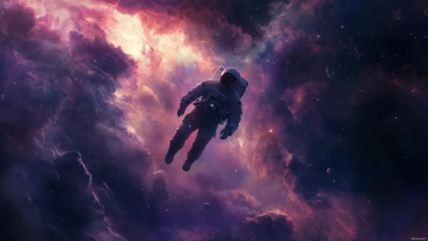 An astronaut floating in a cosmic nebula, perfect for galaxy themed desktop backgrounds with Astronaut in Space Wallpaper aesthetic.