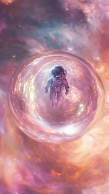 An astronaut inside a translucent orb floating in a nebula vortex.
