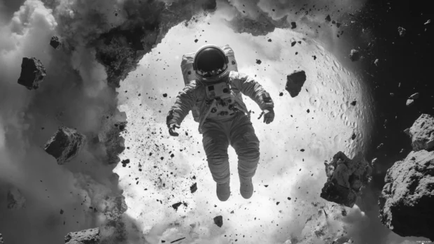 An astronaut is suspended in zero gravity inside a shattered moon.