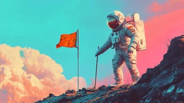 An astronaut planting a flag on an unknown exoplanet.