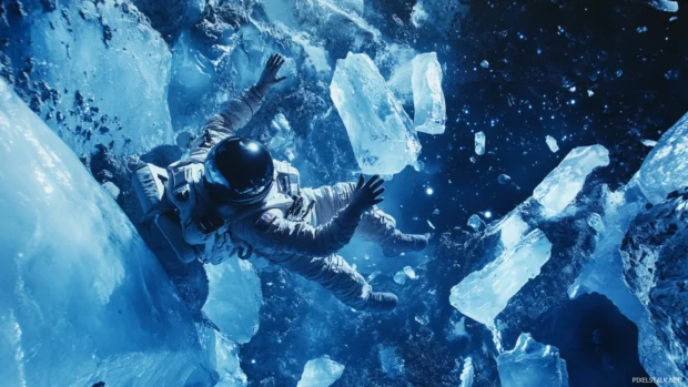 An astronaut reaching out toward a lost satellite among ice blue asteroids.