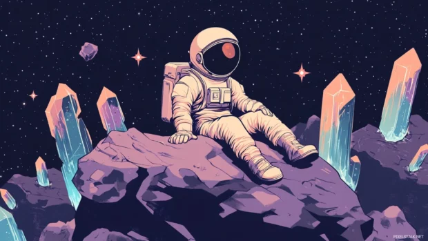 An astronaut sitting on a rock in space surrounded by floating crystals and stars.