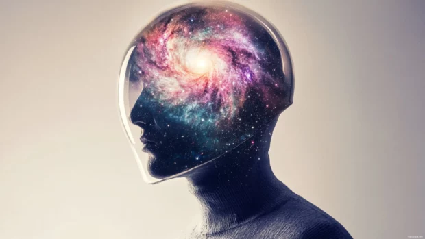 An astronaut with a reflective helmet shows the galaxy within.
