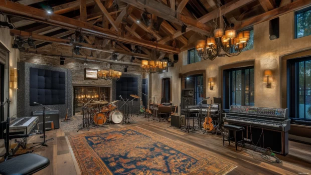 An atmospheric image of a vintage recording studio, featuring classic microphones, acoustic panels, and instruments scattered around, with warm lighting creating a cozy vibe.