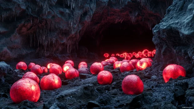 An eerie cave filled with luminescent rotten apples.