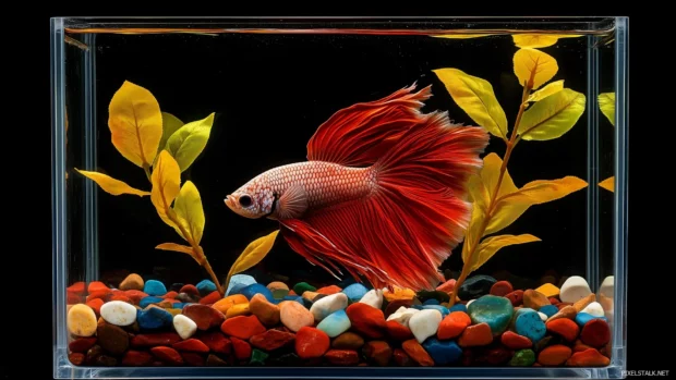 An elegant fish tank setup with betta fish, leafy plants, and colorful pebbles, soft lighting highlighting the intricate designs of the fish and plants.