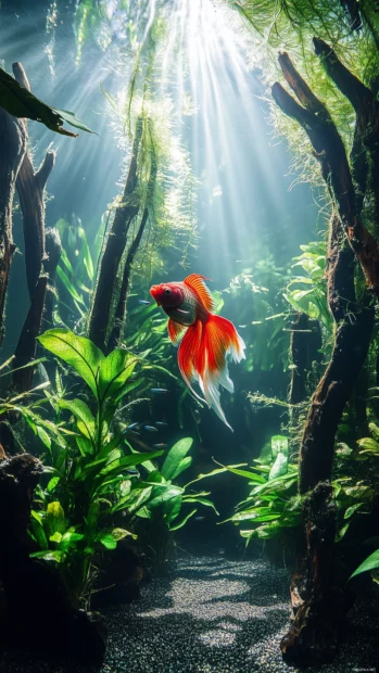 An elegant goldfish in a beautiful aquarium filled with aquatic plants, vibrant colors and shimmering scales, peaceful underwater scene, clear water and soft lighting.