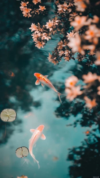 An elegant koi fish swimming in clear water with floating lily pads and rippling reflections, creating a peaceful, zen inspired aesthetic.