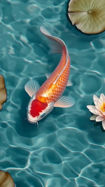 An elegant koi fish swimming in clear water with floating lily pads and rippling reflections, creating a peaceful, zen inspired aesthetic.
