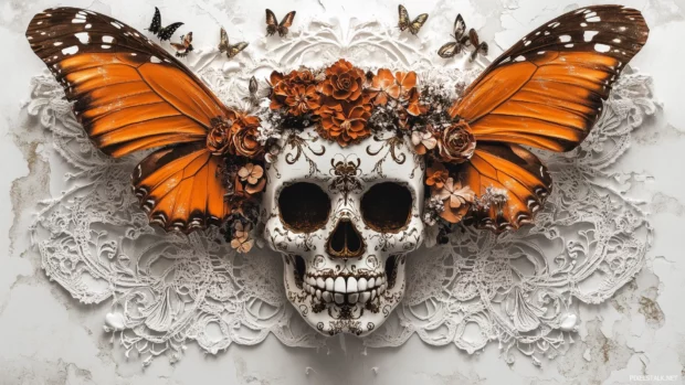 An elegant sugar skull with symmetrical butterfly wings and a detailed floral crown, surrounded by delicate lace and filigree designs.