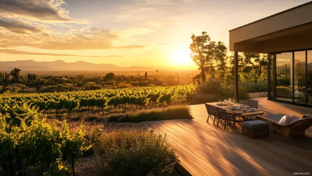 An elegant terrace overlooking a vineyard captures the golden hour glow.