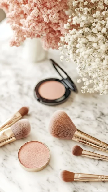 An elegant vanity filled with soft brushes and blush toned makeup.