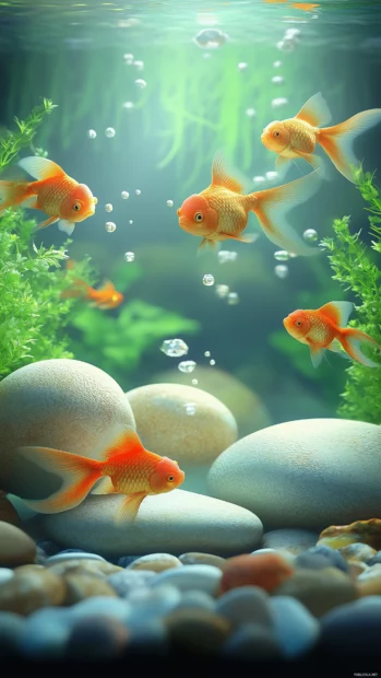 An elegant view of a group of goldfish swimming in a minimalistic aquarium scene with gentle lighting, smooth stones, and lush green plants.