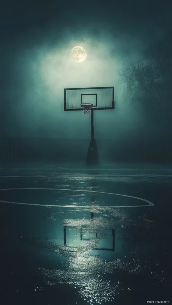 An empty basketball court reflecting moonlight and mist.