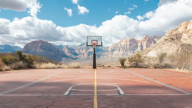An empty desert Basketball Court Wallpaper framed by mountains and bright skies.