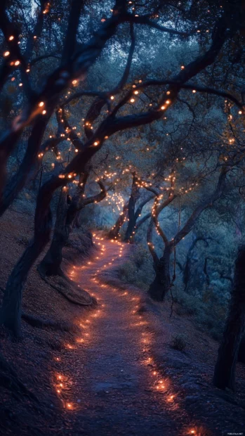 An enchanted forest path illuminated by soft, glowing fairy lights, surrounded by towering trees and sparkling dew.