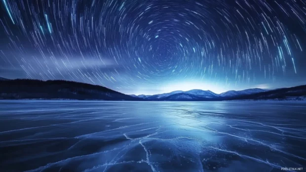 An enchanting nightscape perfect for Night sky stars wallpaper, with stars stretching across a frozen lake.