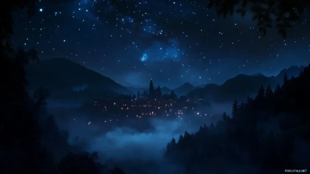 An enchanting nightscape perfect for Starry night desktop background, with stars dancing above the misty mountains.
