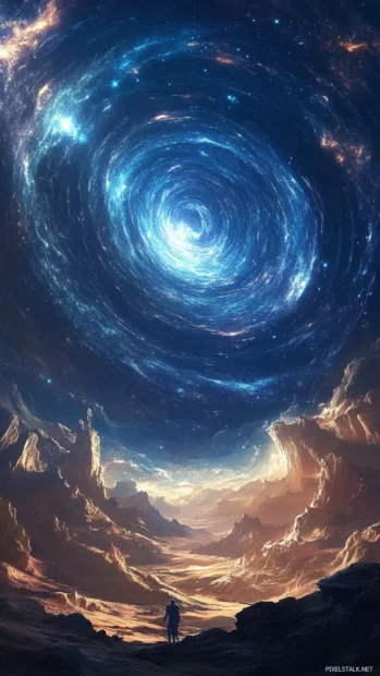 An endless desert stretched beneath a swirling cosmos, perfect for starry mountain night wallpaper.