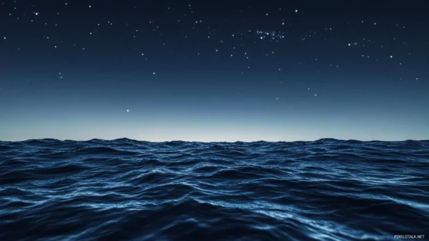 An endless expanse of deep ocean under a starry night sky.