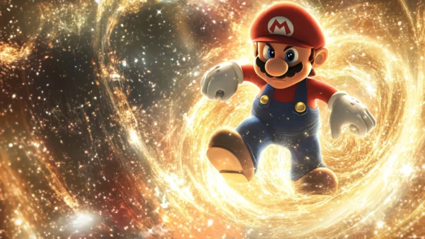 An energetic Mario Galaxy Wallpaper featuring Mario using a spin attack among stardust swirls.