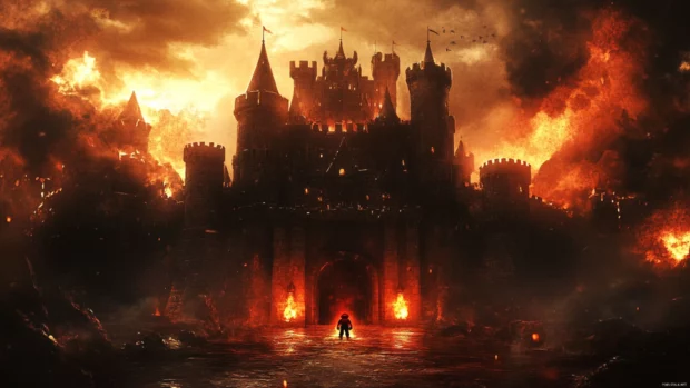 An epic Super Mario World Wallpaper of Mario entering Bowsers Castle with fire torches lit.