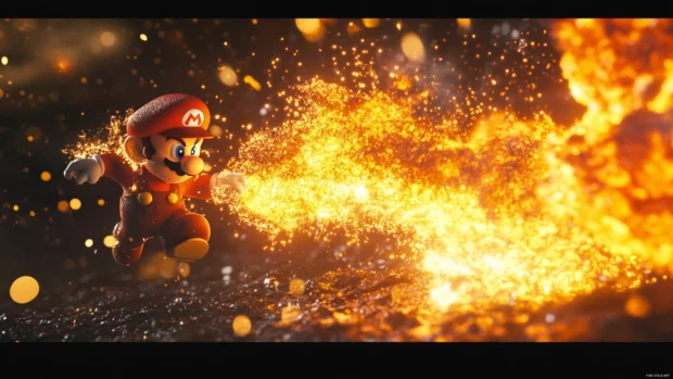 An epic boss fight scene rendered in 4K featuring Mario using the Fire Flower power.