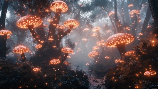 An ethereal forest of luminescent trees, glowing mushrooms and swirling mist, a perfect trippy scene.