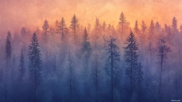 An ethereal glow blankets a forest during first light of day.