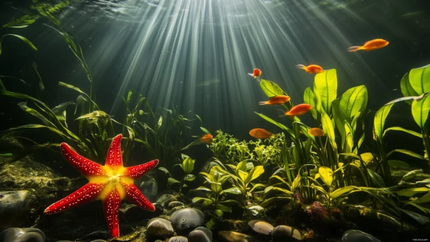 An ethereal underwater glow from bright sunlight highlights a vividly colored red and yellow starfish positioned near a variety of sea plants.