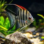 An exotic angelfish with bold patterns and colors exploring a calm underwater scene with a mix of rocks, plants, and coral.