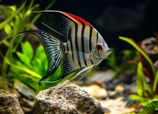 An exotic angelfish with bold patterns and colors exploring a calm underwater scene with a mix of rocks, plants, and coral.