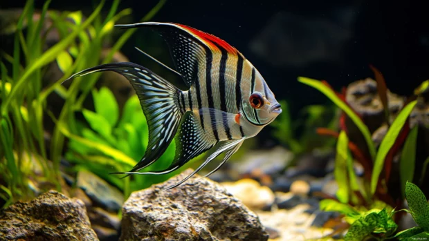 An exotic angelfish with bold patterns and colors exploring a calm underwater scene with a mix of rocks, plants, and coral.