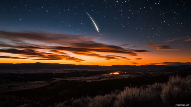 An expansive dark sky illuminated by thousands of twinkling stars, with a large crescent moon glowing softly, surrounded by faint clouds.