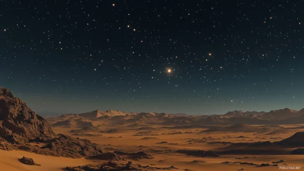 An expansive starry sky with a glowing nebula visible in the distance, the stars shining brightly and creating a sense of awe and wonder in the vastness of space.