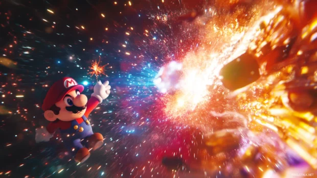 An explosion of stars and sparks surrounds Mario Bros as they complete another classic level.